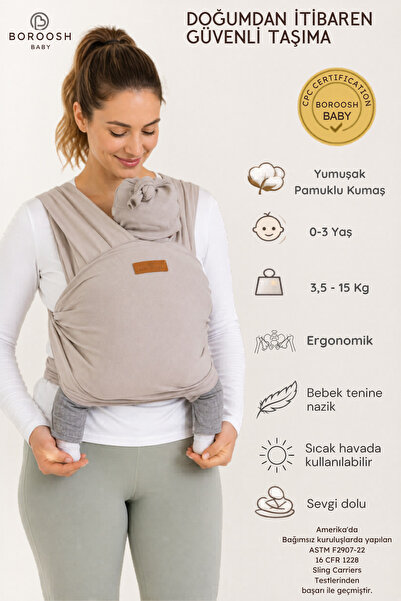 Boroosh Baby Yumuşak Bebek Sling %100 Pamuklu Kese Ve Bere Hediyeli Tatlı Gri...