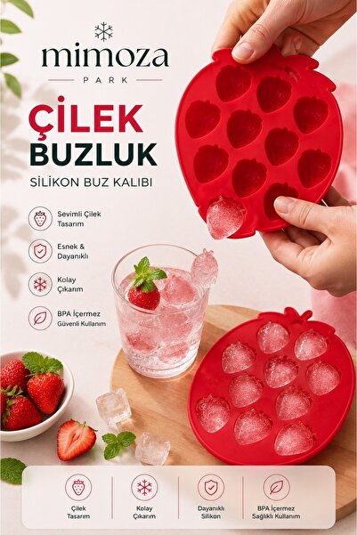 KÜÇÜK EW Pratik Çilek Şeklinde Silikon Buz Kalıbı Silikon Yapışmaz Buzluk Çil...