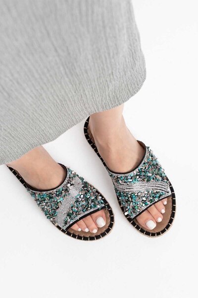TRENDELLA Women's Black Stone Embroidered Slippers Tr35My08A
