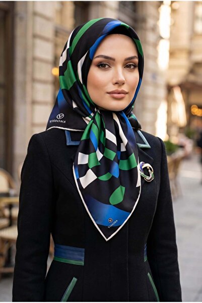 Vissona %100 Twill İpek Geometrik Desenli Zümrüt Yeşili - Saks Renkli 90x90 E...