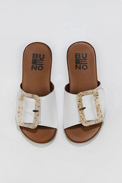 Bueno Shoes Papuci plati din piele albă pentru femei - 01wu4206