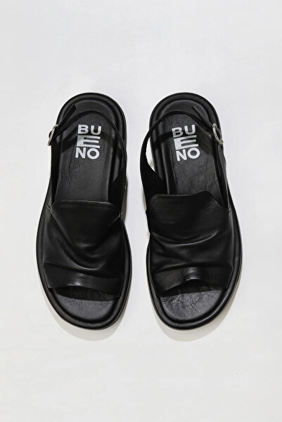 Bueno Shoes Μαύρα δερμάτινα γυναικεία φλατ σανδάλια 01wu5906