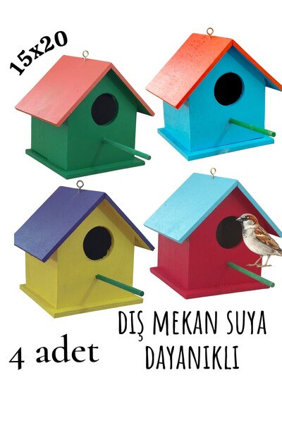 ncy Ahşap Kuş Evi Kuş Yuvası Dış Mekan Suya Dayanıklı 4 Adet 15x15x20 Cm