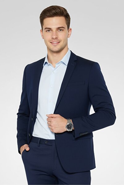 Calvin Klein بليزر رجالي بقصّة Slim Fit، سادة، شبه رسمي، أزرق داكن