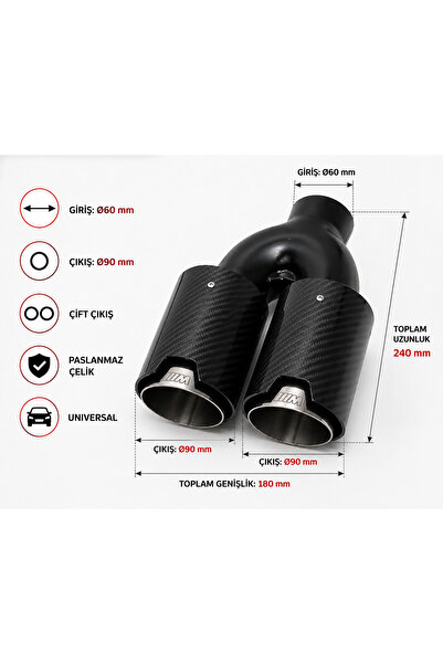Monlion 1x90 mm Çift Çıkış Egzoz Ucu 60 mm Giriş Karbon Görünüm Krom Universal Egzoz Ucu BMW Uyumlu