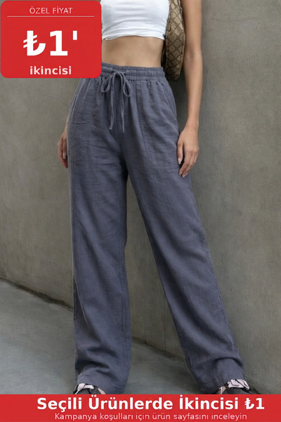COMBİNE MİCHAİL Kadın Beli Lastikli Füme Keten Pantolon