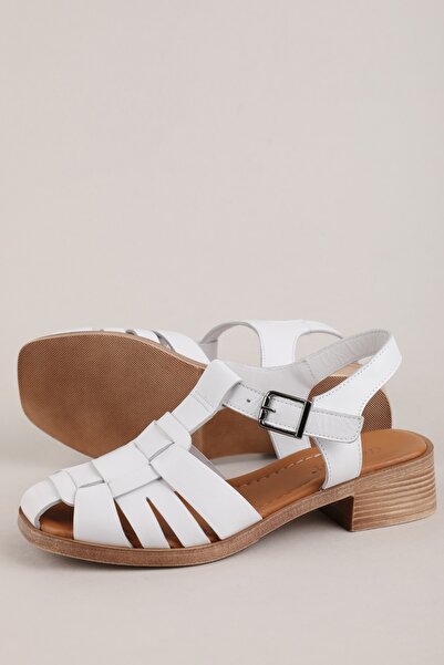 Gondol Women's Genuine Leather Short Heeled Daily Sandals Iz.10316 White