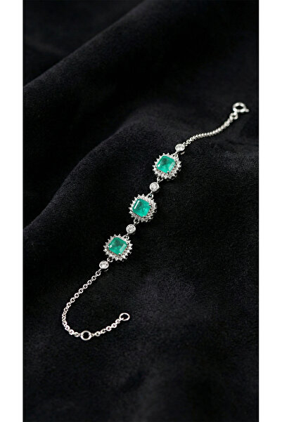 Roza Silver 925 Ayar Paraiba Taşlı Rodyum Kare Anturaj Gümüş Bileklik