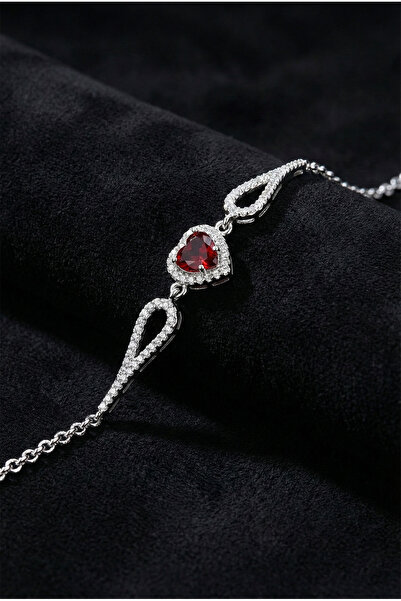Roza Silver 925 Ayar Lal Taşlı Rodyum Pırlanta Görünümlü Kalp Gümüş Bileklik