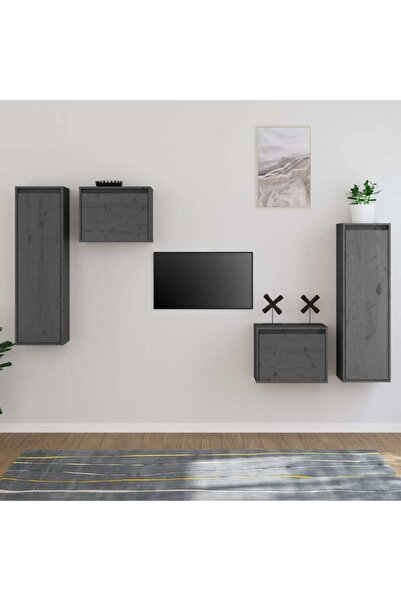 Concept Comode TV, gri, 4 buc., lemn masiv de pin