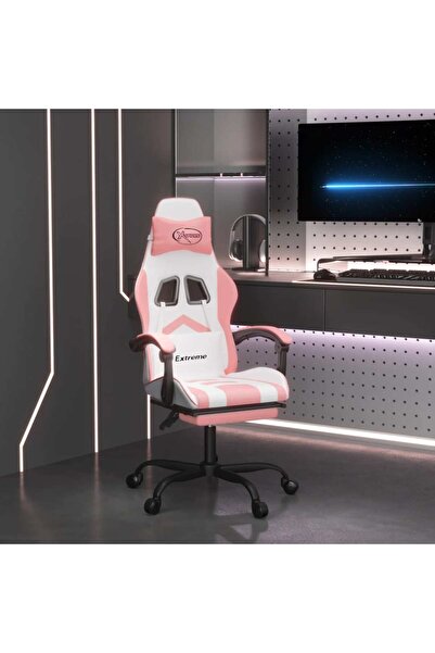 Concept Scaun de gaming pivotant cu suport picioare, alb&roz, piele