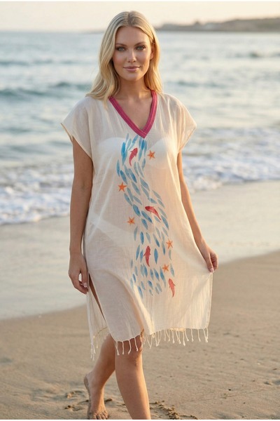 Dosimira Wavy Fish Pattern 100% Cotton Collar Pareo / Beach Dress