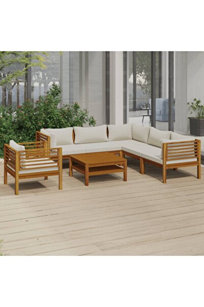 Concept Set mobilier grădină cu perne crem, 7 piese, lemn masiv acacia