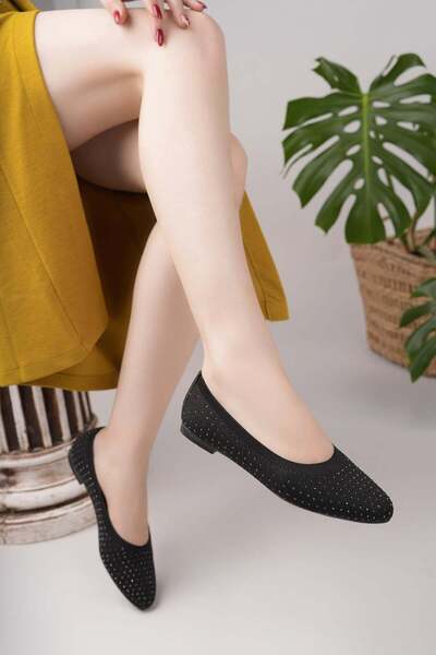Nesil Shoes Sdf 243 حذاء باليه نسائي أسود مطرز بالحجارة