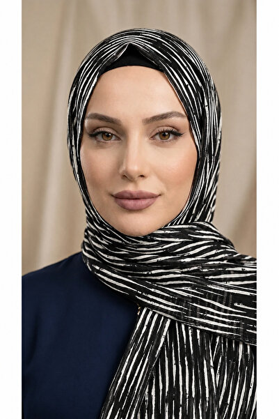 ŞALSERA drape Saten Şal, Siyah Beyaz Desenli Özel Tasarım Şal