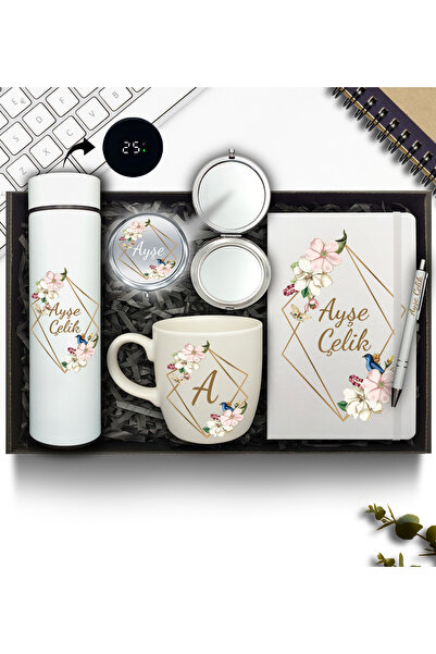 AS&GİFT Kişiye Özel Gold Termos & Beyaz Defter & Beyaz Kupa & Krom Ayna & Bey...