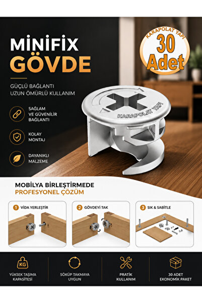 KarapolatYapı Minifix Gövde 15x13mm Mobilya Dolap Birleştirme Bağlantı Vidası...