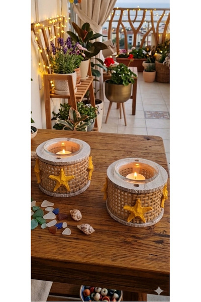 Ahşap Evi Ahşap 2’li Rattan Yıldızlı Mumluk Bohem Dekoratif Obje