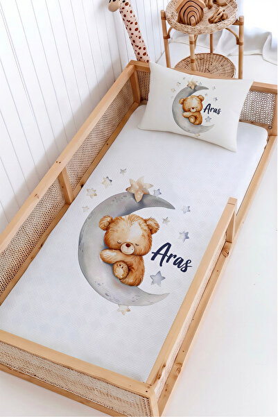 Lilabio %100 Pamuk İsme Özel Montessori Yatak Pike Seti 100x200 Aydaki Minik ...