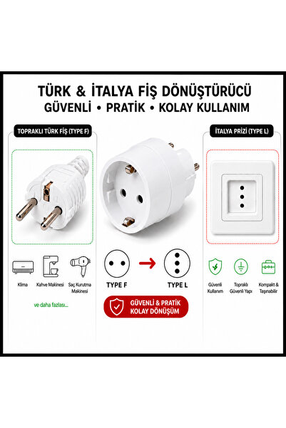 Tek-İş İtalya Erkek Fiş Türk Priz Dönüştürücü Type L to Type F Priz Adaptörü Seyahat Fiş Çevirici 16A 250V