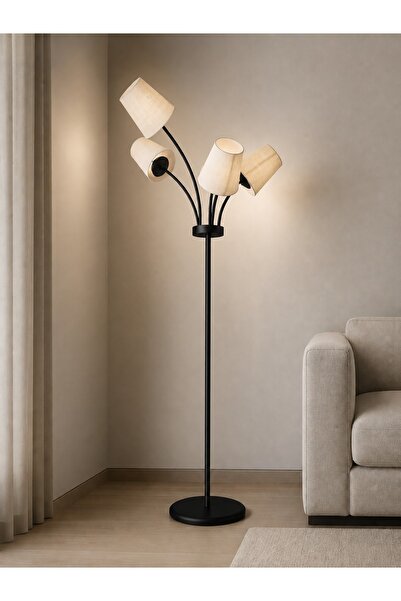 avizade FLORİNA Modern Siyah Metal 5 Krem Kumaş Başlıklı Asimetrik Metal Lamb...