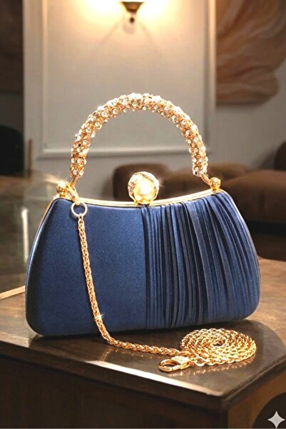Famels Navy Blue Satin Pearl Lock Stone Handle Evening Dress Bag Handbag/Clut...