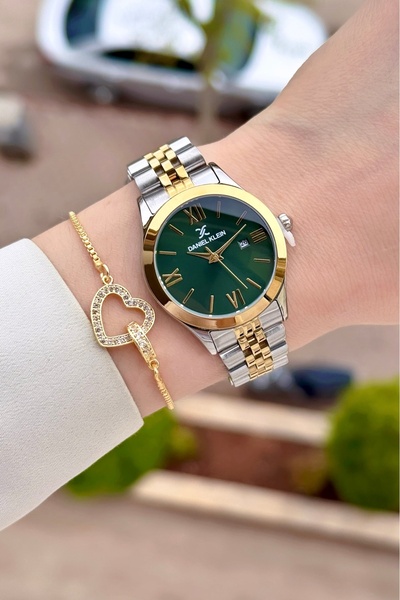 Daniel Klein 30 mm Women's Wristwatch and Bracelet with Green Dial, Gold Gray...