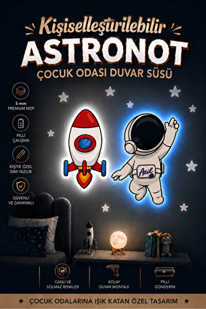 Design 4N Kişiye Özel Astronot Çocuk Odası Duvar Süsü LED Işıklı 4’lü Uzay Seti