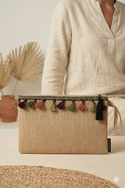 Ju Yaratıcı Tasarım Hasır Kadın Portföy  Clutch Çanta Kahve