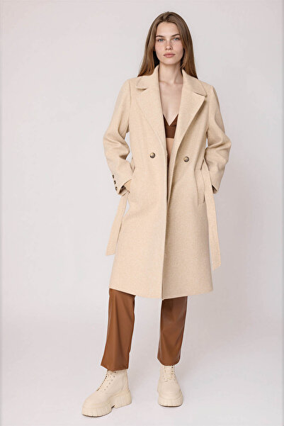 Vitrin Front Buttoned Waist Belted Long Cashmere Coat