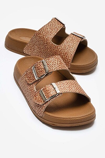 CCWAY AYAKKABI Women's Straw Double Buckle Slippers Taba