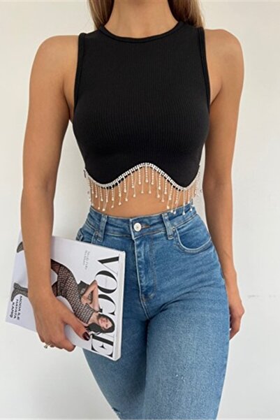 KaSheHa Romola Model Bel Kısmı Zirkon Taşlı Premium Full Esnek Kumaşlı Crop Bluz BLU201
