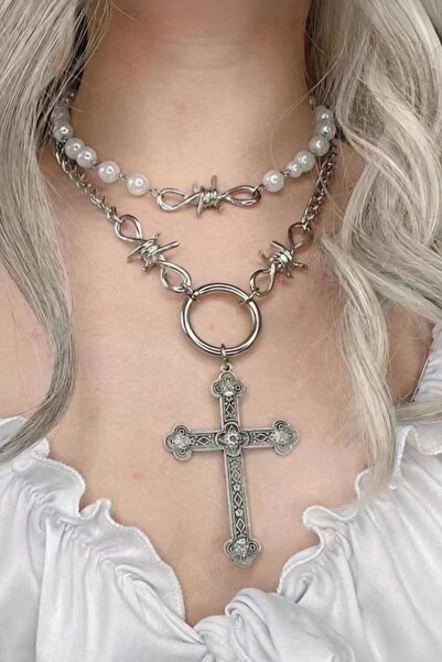 Corvus kolye&bileklik İnci Detaylı Gotik Haç Kolye