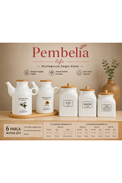 Pembelia Life 6-Piece Striped Porcelain with Bamboo Stand 1000ml Oil Pot and ...