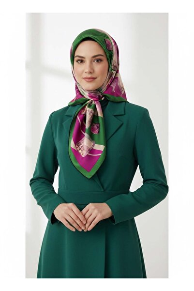 Vissona %100 Twill İpek Geometrik Desenli Zümrüt Yeşili - Fuşya Renkli 90x90 ...