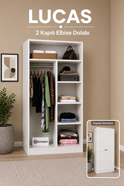 midoser Lucas 2 Kapaklı Elbise Dolabı Ve Çok Amaçlı Dolap - Mat Beyaz