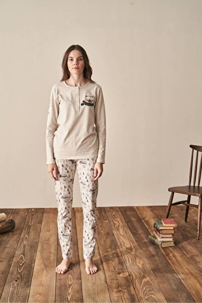 FIRST STYLE Stylish Turkish Pajama Set with Buttons in Beige Color and Cute W...