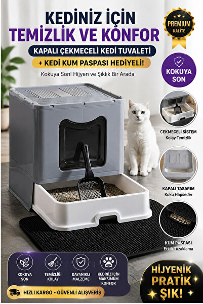 ego home Xxl Büyük Boy Çekmeceli Kapalı Kedi Tuvaleti Ve Kürek Elekli Kedi Tu...