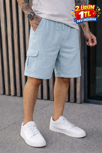 DAMGA JEANS Erkek Trend Düşük Bel Kargo Cepli Bol A.Mavi Keten Şort