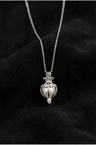 Roza Silver 925 Ayar Zirkon Taşlı Rodyum Kalp Motifli İncili Kafes Gümüş Kolye