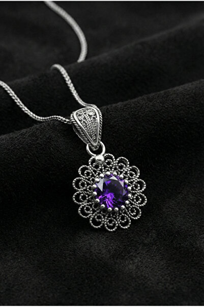 Roza Silver 925 Ayar Şubat Ametist Doğum Taşı Çiçek Motifli Telkari Gümüş Kolye