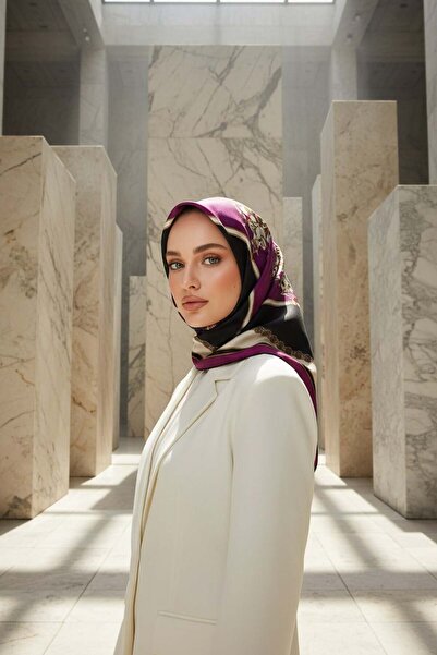 Vissona %100 Twill Barok Desenli Mürdüm - Siyah Renkli 90x90 Eşarp Dikim Şekl...