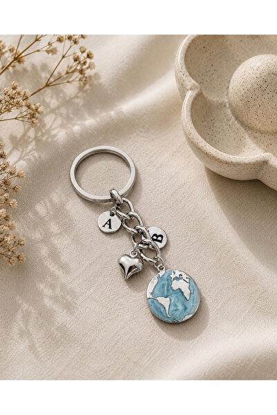 Harfli dünya charm anahtarlık  silver turkuaz