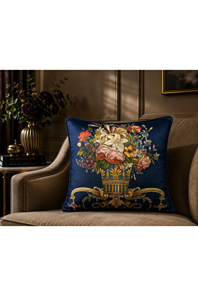 Fabricland Ithal Ipek Kadife Damask Desen Lacivert Kırlent Kılıfı (ÇİFT TARAF...