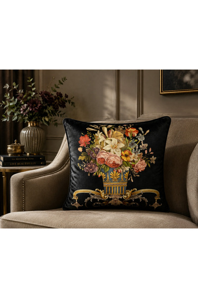 Fabricland Ithal Ipek Kadife Damask Siyah Desen Kırlent Kılıfı (ÇİFT TARAFLI ...
