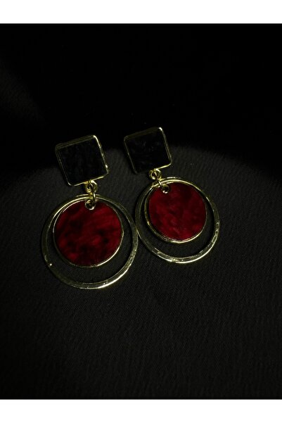 Çelik Gold Detaylı Bordo Halka Küpe