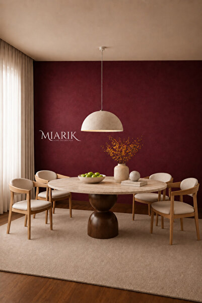 MIARIK DESIGN & DEKORASYON Yuvarlak Ahşap Bogum Ayak Traverten Tabla Mermer Y...