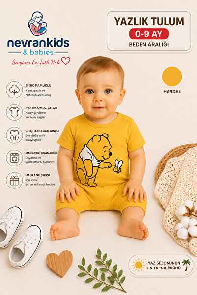 nevrankids Ayı Baskılı Yazlık Tulum 0 - 6 Ay Sarı