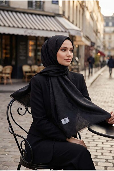 Vissona %57 İpek %43 Pamuk Monogram Dokumalı Siyah Renkli 70X190 Yumuşak Dökü...
