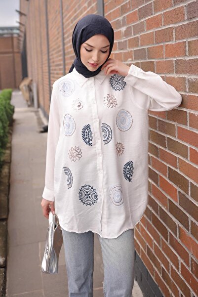 İmajButik Ekru Nakış İşlemeli Gömlek